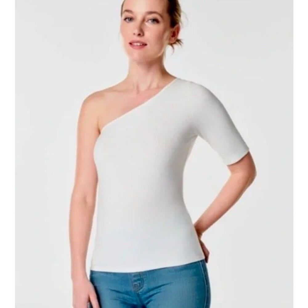 SPANX Women's Rib One Shoulder Top Powder Cream M NWT 98